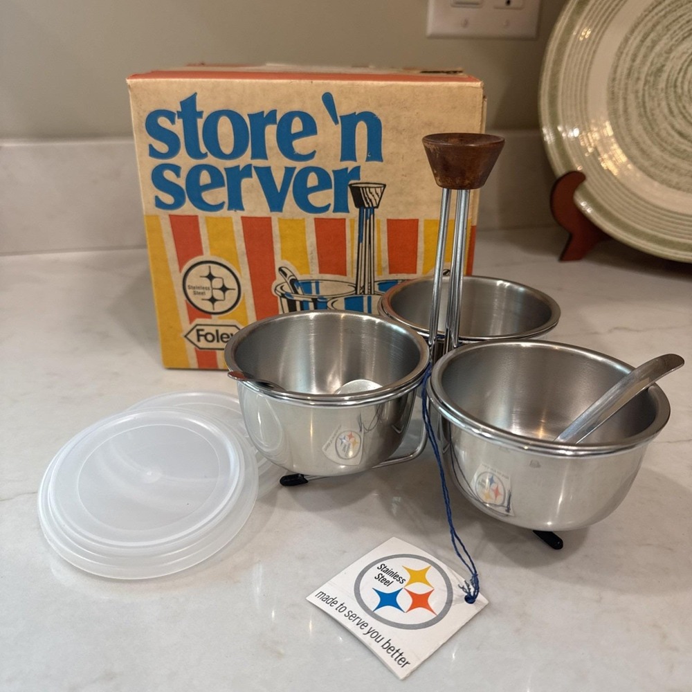 Vintage Foley Store'n Server 3 Bowl Set Spoons Lids Serving Stand Original Box